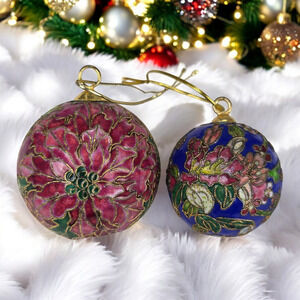 2 pc Vintage Cloisonne Collectible Ornaments Poinsettia